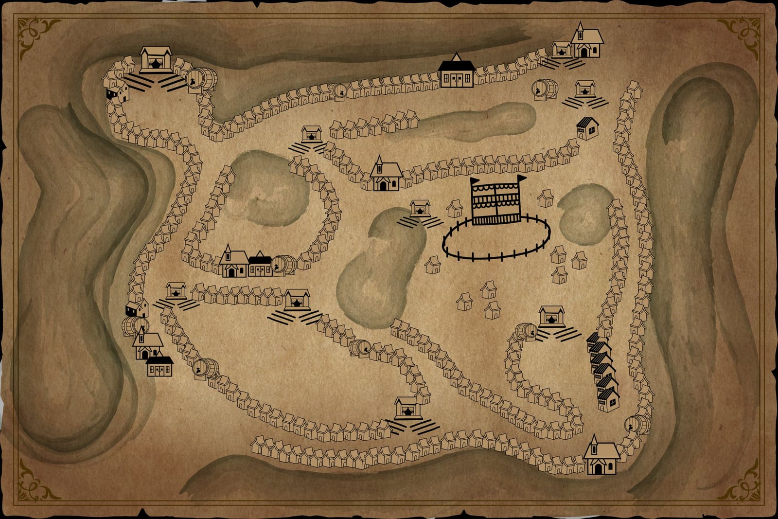 Hand-drawn parchment map of the Emberfall demo village